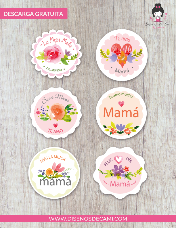 Etiquetas redondas imprimibles para el Día de Madres estilo acuarela GRATIS - Diseños de Cami